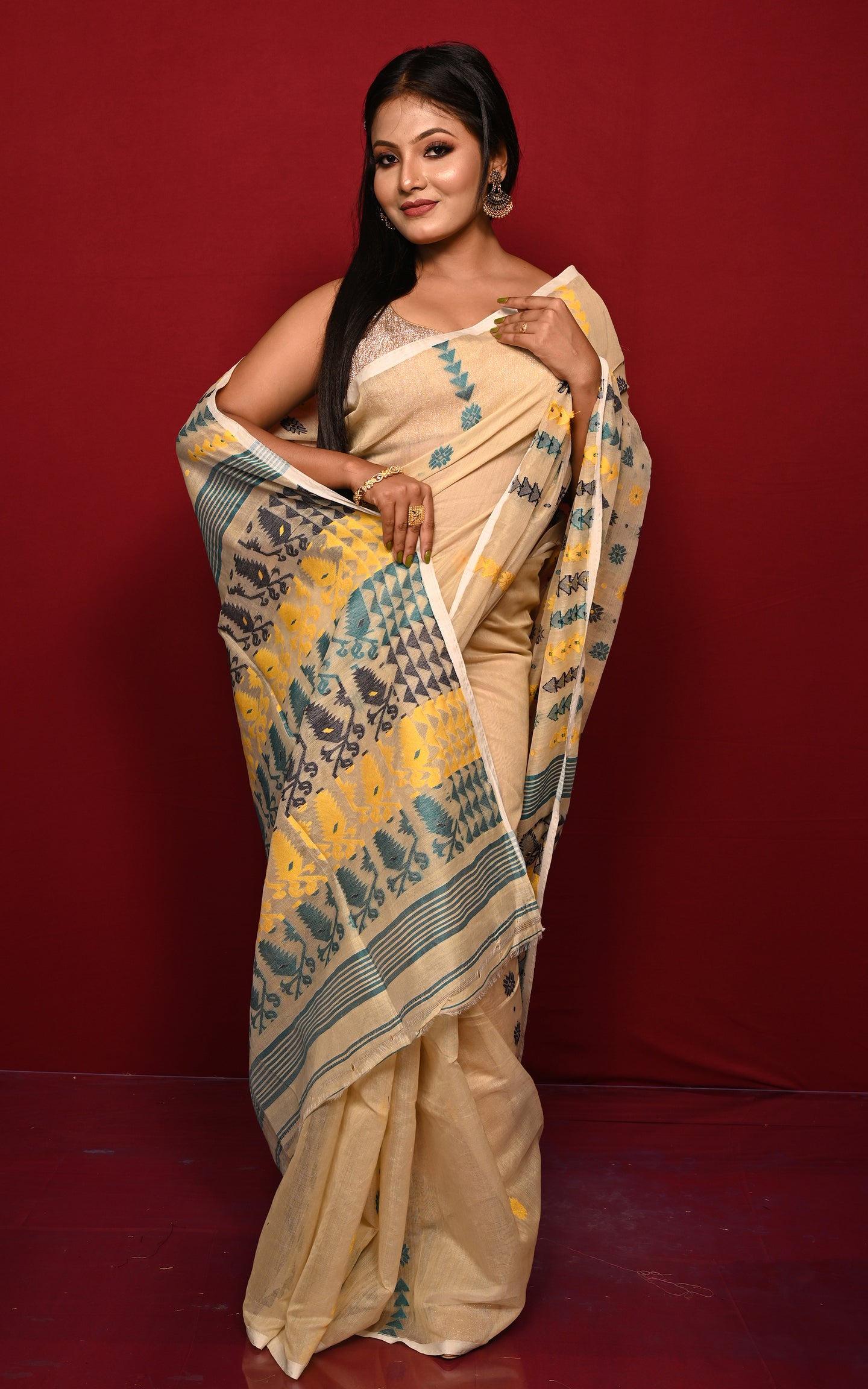 Soft Woven Jamdani Saree in Beige, Green, Black and Yellow