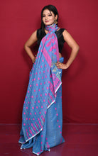 Soft Woven Jamdani Saree in Cobalt Blue, Hot Pink and Matt Golden