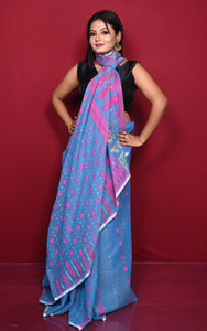 Soft Woven Jamdani Saree in Cobalt Blue, Hot Pink and Matt Golden