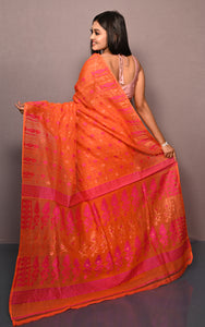 Soft Woven Jamdani Saree in Orange and Hot PInk