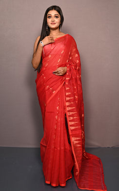 Soft Woven Jamdani Saree in Red and Antique Golden