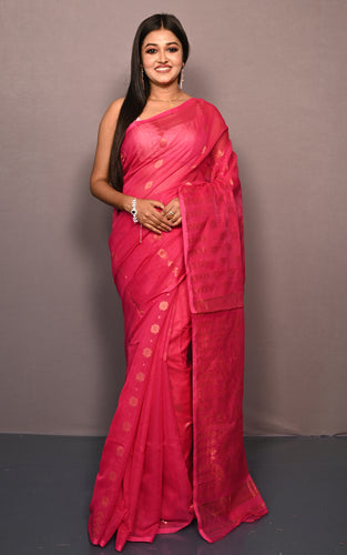 Soft Woven Jamdani Saree in Hot Pink and Matt Golden