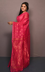 Soft Woven Jamdani Saree in Hot Pink and Matt Golden