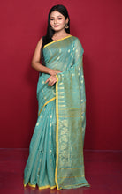 Soft Woven Jamdani Saree in Seagreen, Munsell Yellow and Matt Gold