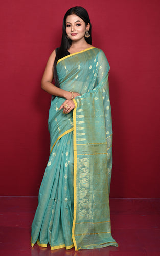 Soft Woven Jamdani Saree in Seagreen, Munsell Yellow and Matt Gold