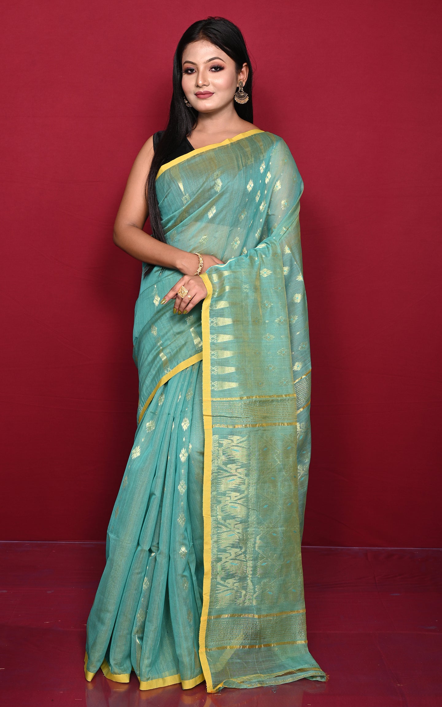 Soft Woven Jamdani Saree in Seagreen, Munsell Yellow and Matt Gold