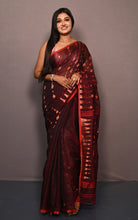 Soft Woven Jamdani Saree in Garnet, Red and Antique Golden