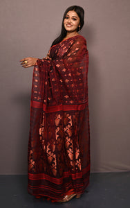 Soft Woven Jamdani Saree in Garnet, Red and Antique Golden