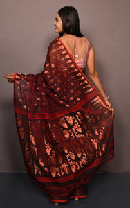 Soft Woven Jamdani Saree in Garnet, Red and Antique Golden