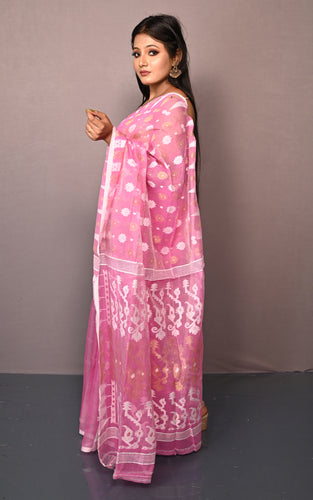 Soft Woven Jamdani Saree in Pink, Off White and Matt Golden