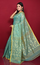 Soft Woven Jamdani Saree in Seagreen, Munsell Yellow and Matt Gold