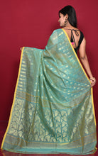 Soft Woven Jamdani Saree in Seagreen, Munsell Yellow and Matt Gold