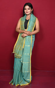 Soft Woven Jamdani Saree in Seagreen, Munsell Yellow and Matt Gold