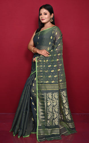 Soft Woven Jamdani Saree in Dark Basil Green, Natural Green and Matt Golden