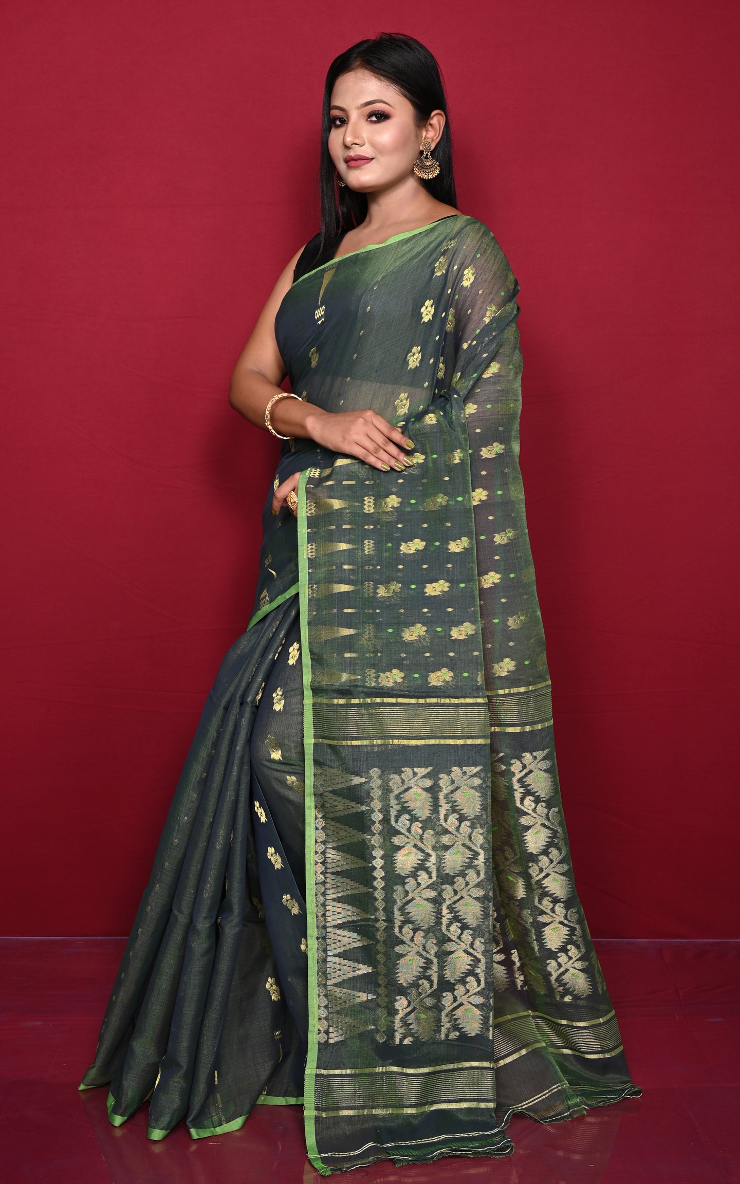 Soft Woven Jamdani Saree in Dark Basil Green, Natural Green and Matt Golden