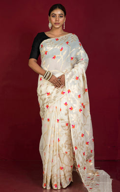 Tantuja Inspired Traditional Soft Jamdani Saree in Light Beige, Orange, Hot Pink and Brush Golden Zari Weave