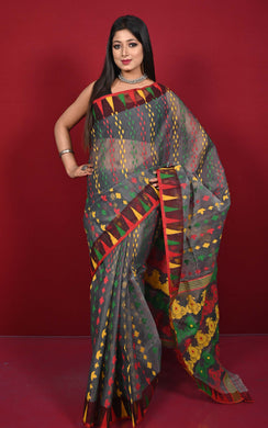 Multicolor Crowned Templw Border Handwoven Jamdani Saree in Dark Grey, Red, Yellow and Green