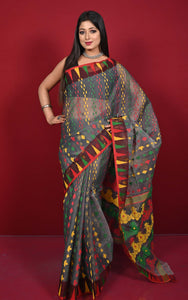 Multicolor Crowned Templw Border Handwoven Jamdani Saree in Dark Grey, Red, Yellow and Green