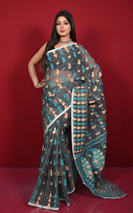 Crowned Temple Border Handwoven Nakshi Butta Work Cotton Muslin Jamdani Saree in Gray, Parmesan and Cyan