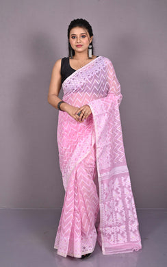 Traditional Cotton Muslin Soft Jamdani Saree in Light Pink, Off White and Gold