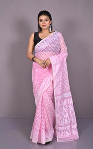 Traditional Cotton Muslin Soft Jamdani Saree in Light Pink, Off White and Gold