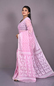 Traditional Cotton Muslin Soft Jamdani Saree in Light Pink, Off White and Gold