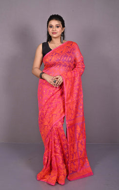 Traditional Cotton Muslin Soft Jamdani Saree in Watermelon Pink, Sunset Orange and Gold