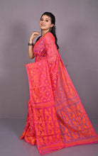 Traditional Cotton Muslin Soft Jamdani Saree in Watermelon Pink, Sunset Orange and Gold