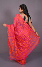 Traditional Cotton Muslin Soft Jamdani Saree in Watermelon Pink, Sunset Orange and Gold