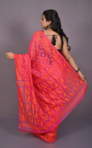 Traditional Cotton Muslin Soft Jamdani Saree in Watermelon Pink, Sunset Orange and Gold