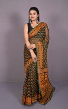 Traditional Cotton Muslin Soft Jamdani Saree in Charcoal, Dull Orange and Gold