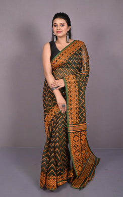 Traditional Cotton Muslin Soft Jamdani Saree in Charcoal, Dull Orange and Gold
