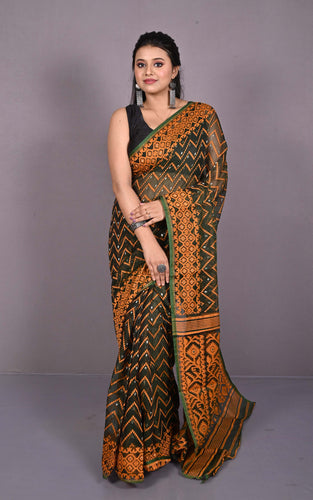 Traditional Cotton Muslin Soft Jamdani Saree in Charcoal, Dull Orange and Gold