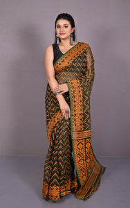Traditional Cotton Muslin Soft Jamdani Saree in Charcoal, Dull Orange and Gold