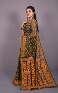 Traditional Cotton Muslin Soft Jamdani Saree in Charcoal, Dull Orange and Gold