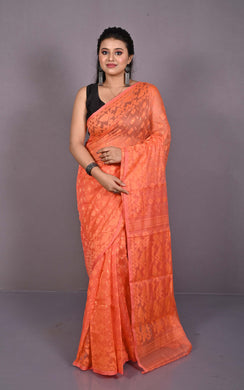 Traditional Cotton Muslin Soft Jamdani Saree in Pastel Orange and Gold