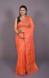 Traditional Cotton Muslin Soft Jamdani Saree in Pastel Orange and Gold