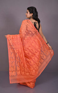 Traditional Cotton Muslin Soft Jamdani Saree in Pastel Orange and Gold