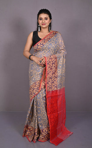 Traditional Cotton Muslin Soft Jamdani Saree in Dusty Grey, Beige and Red