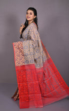 Traditional Cotton Muslin Soft Jamdani Saree in Dusty Grey, Beige and Red