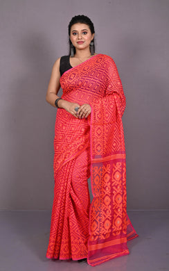 Traditional Cotton Muslin Soft Jamdani Saree in Sunset Orange, Pink and Gold