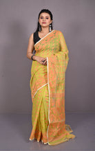 Traditional Cotton Muslin Soft Jamdani Saree in Greenish Beige, Apricot and Gold