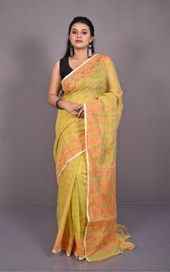 Traditional Cotton Muslin Soft Jamdani Saree in Greenish Beige, Apricot and Gold