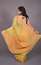 Traditional Cotton Muslin Soft Jamdani Saree in Greenish Beige, Apricot and Gold