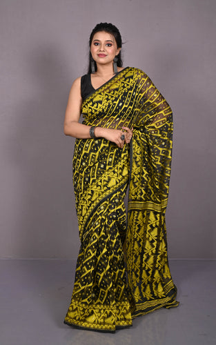 Traditional Cotton Muslin Soft Jamdani Saree in Black, Munsell Yellow and Gold