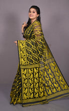 Traditional Cotton Muslin Soft Jamdani Saree in Black, Munsell Yellow and Gold