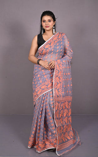 Traditional Cotton Muslin Soft Jamdani Saree in Regent Grey and Flamingo Pink