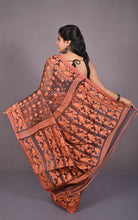 Traditional Cotton Muslin Soft Jamdani Saree in Dark Brown and Peachy Pink