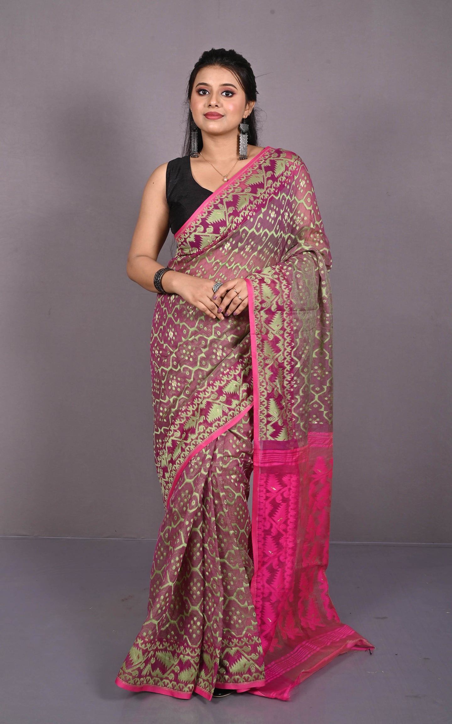 Traditional Cotton Muslin Soft Jamdani Saree in Pansy Purple, Green and Hot Pink