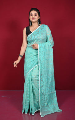 Traditional Cotton Muslin Soft Jamdani Saree in Pearl Aqua and Off White